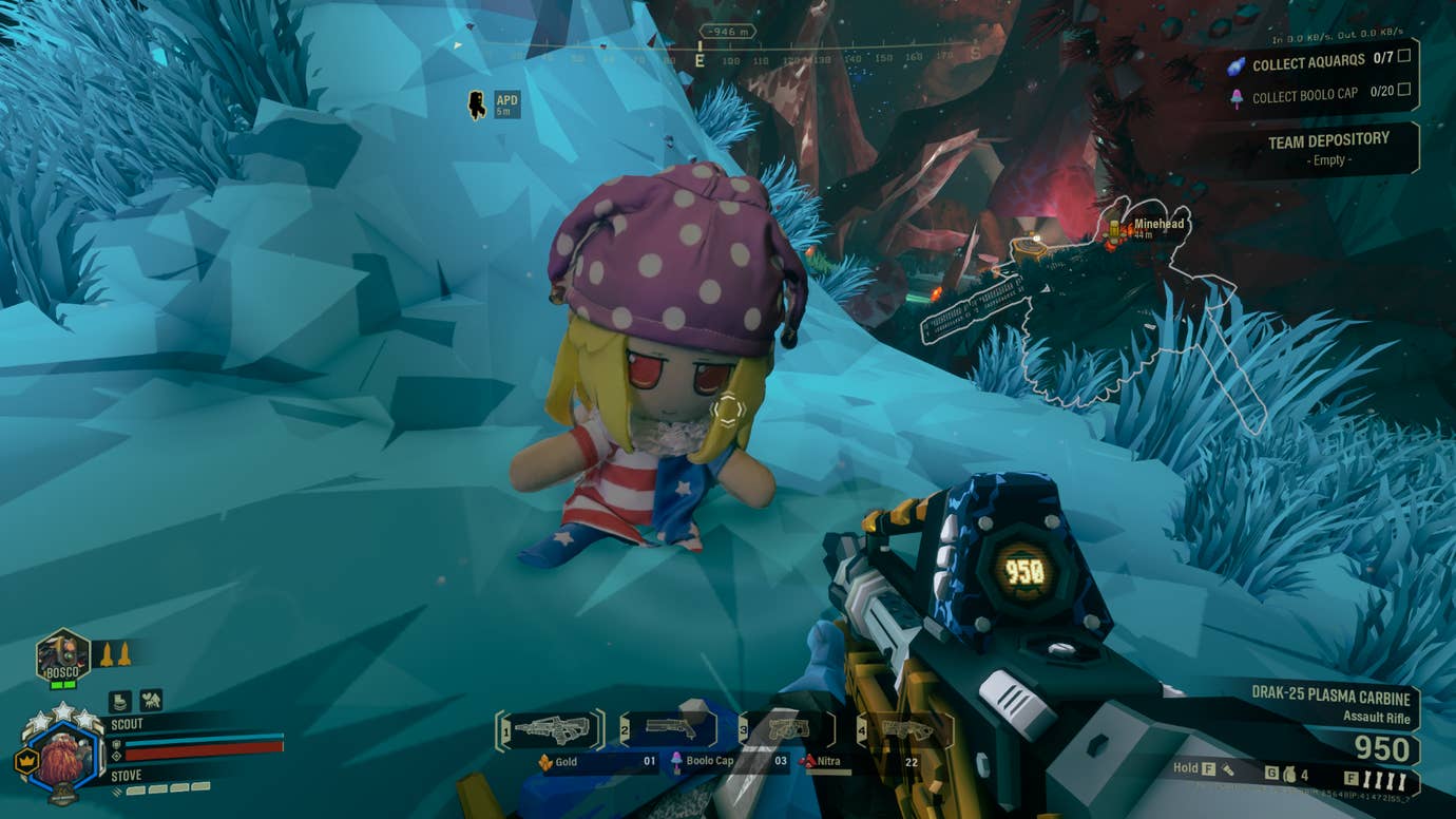 An Boolo Cap in Deep Rock Galactic, except it's been replaced by a modded-in model of a Clownpiece fumo from Touhou Project.